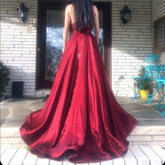 Sherri Hill satin dress V neck  spaghetti straps wine red sz 0 - Picture 7 of 13